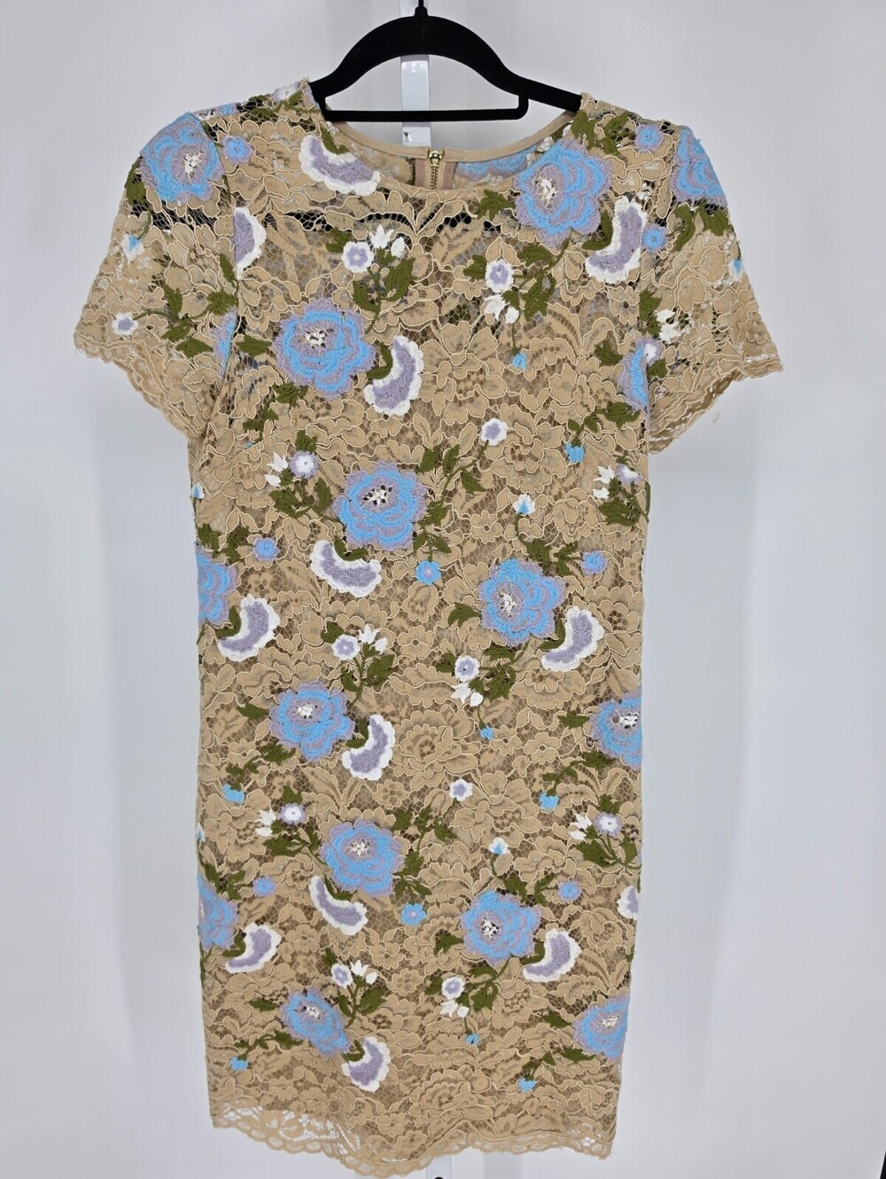 Calvin Klein Womens Sz 4 Knee Length Floral Lace Sheath Dress Beige Light Blue